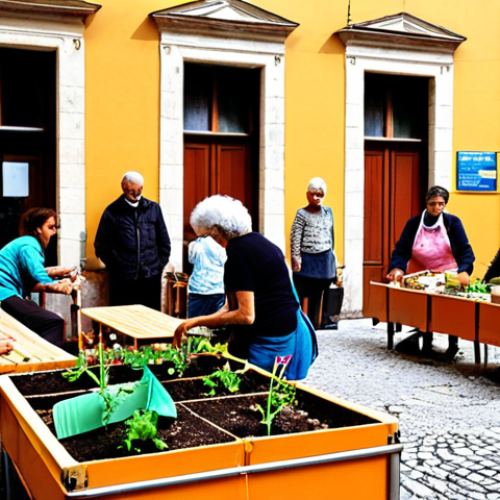 **A vibrant Italian piazza or community café scene.** Diverse residents, from children to elderly, are engaged in lively discussions, actively listening to each other's ideas and concerns during a "Caffè di Comunità". In the foreground, hands are collaboratively planting a small shared garden or working on a creative recycling project, symbolizing the birth of practical, grassroots initiatives. The atmosphere is warm and inviting, with authentic Italian urban architecture in the background. --ar 16:9