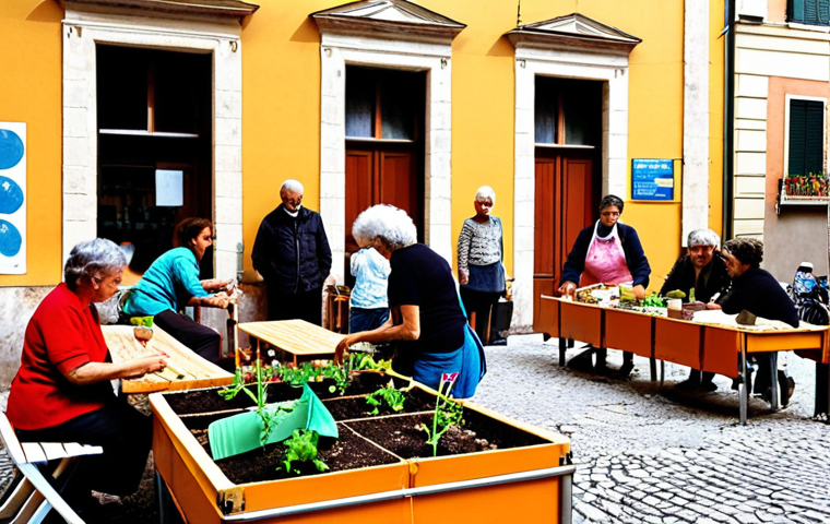 **A vibrant Italian piazza or community café scene.** Diverse residents, from children to elderly, are engaged in lively discussions, actively listening to each other's ideas and concerns during a "Caffè di Comunità". In the foreground, hands are collaboratively planting a small shared garden or working on a creative recycling project, symbolizing the birth of practical, grassroots initiatives. The atmosphere is warm and inviting, with authentic Italian urban architecture in the background. --ar 16:9