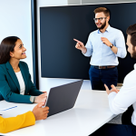 A diverse group of professional adults, fully clothed in modest business attire, collaborating actively in a bright, modern office space. They are engaged in animated discussion, with some pointing towards a shared project on a large screen, embodying a collective vision and strong sense of belonging. The atmosphere is warm and inviting, promoting team unity. Perfect anatomy, correct proportions, natural pose, well-formed hands, proper finger count, natural body proportions. Safe for work, appropriate content, fully clothed, professional.