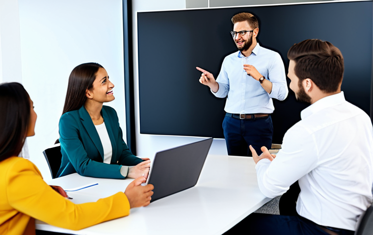 A diverse group of professional adults, fully clothed in modest business attire, collaborating actively in a bright, modern office space. They are engaged in animated discussion, with some pointing towards a shared project on a large screen, embodying a collective vision and strong sense of belonging. The atmosphere is warm and inviting, promoting team unity. Perfect anatomy, correct proportions, natural pose, well-formed hands, proper finger count, natural body proportions. Safe for work, appropriate content, fully clothed, professional.