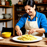 **

"A warmly lit Italian kitchen scene. A friendly host welcomes new members to an online cooking community, offering a plate of fresh pasta. The setting includes a rustic wooden table laden with ingredients, soft, inviting light. safe for work, appropriate content, fully clothed, modest, family-friendly, perfect anatomy, correct proportions, natural pose, well-formed hands, proper finger count, natural body proportions, professional photography, high quality."

**