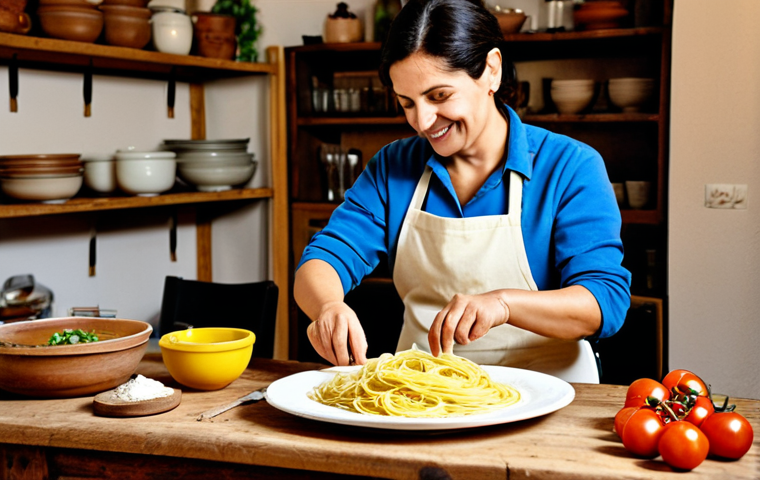 **

"A warmly lit Italian kitchen scene. A friendly host welcomes new members to an online cooking community, offering a plate of fresh pasta. The setting includes a rustic wooden table laden with ingredients, soft, inviting light. safe for work, appropriate content, fully clothed, modest, family-friendly, perfect anatomy, correct proportions, natural pose, well-formed hands, proper finger count, natural body proportions, professional photography, high quality."

**