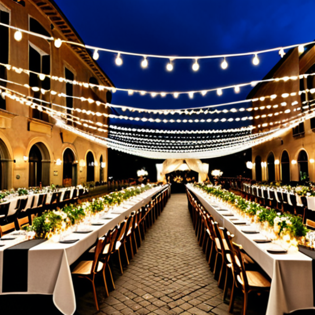 **Event Lighting Design:** "A warmly lit Italian piazza at dusk, decorated for an outdoor wedding reception, strings of fairy lights crisscrossing overhead, tables set with elegant centerpieces, fully clothed guests mingling, safe for work, appropriate content, professional event photography, perfect anatomy, natural proportions, family-friendly."