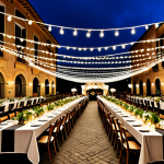 **Event Lighting Design:** "A warmly lit Italian piazza at dusk, decorated for an outdoor wedding reception, strings of fairy lights crisscrossing overhead, tables set with elegant centerpieces, fully clothed guests mingling, safe for work, appropriate content, professional event photography, perfect anatomy, natural proportions, family-friendly."