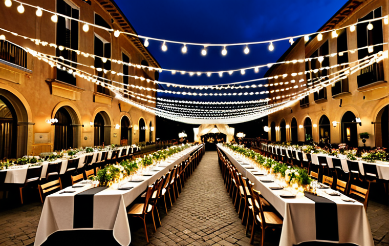 **Event Lighting Design:** "A warmly lit Italian piazza at dusk, decorated for an outdoor wedding reception, strings of fairy lights crisscrossing overhead, tables set with elegant centerpieces, fully clothed guests mingling, safe for work, appropriate content, professional event photography, perfect anatomy, natural proportions, family-friendly."