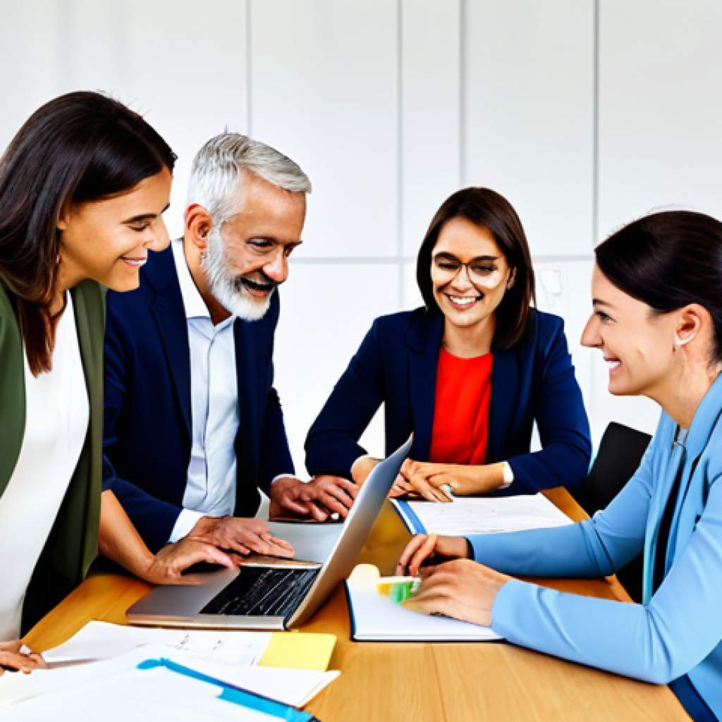 다양성을 존중하는 커뮤니티 만들기 - Collaborative Workspace**

"A diverse group of professionals collaborating around a table in a brigh...