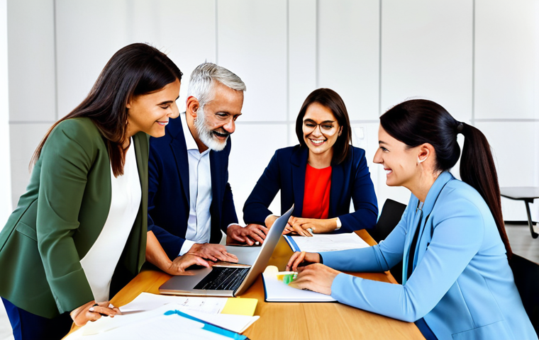다양성을 존중하는 커뮤니티 만들기 - Collaborative Workspace**

"A diverse group of professionals collaborating around a table in a brigh...