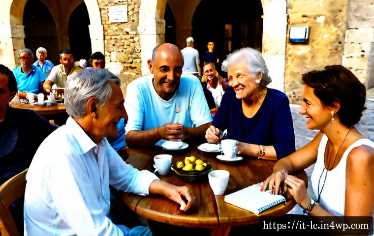 Home 11 친밀한 커뮤니티를 위한 글로벌 사례 분석 - Photorealistic community gathering in a sunlit Italian piazza, diverse adults and seniors seated in ...