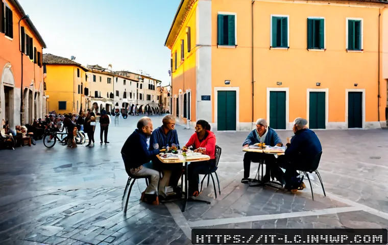 커뮤니티 내 신뢰 구축하는 방법 - Photorealistic community trust-building scene in an Italian neighborhood piazza, diverse adult neigh...